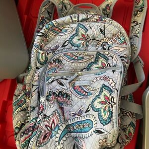 Vera Bradley Quilted Paisley Backpack in Light Gray with Teal and Pink Accents